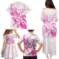 Personalised Breast Cancer Awareness Family Matching Puletasi and Hawaiian Shirt Ribbon Polynesian Pattern White Version
