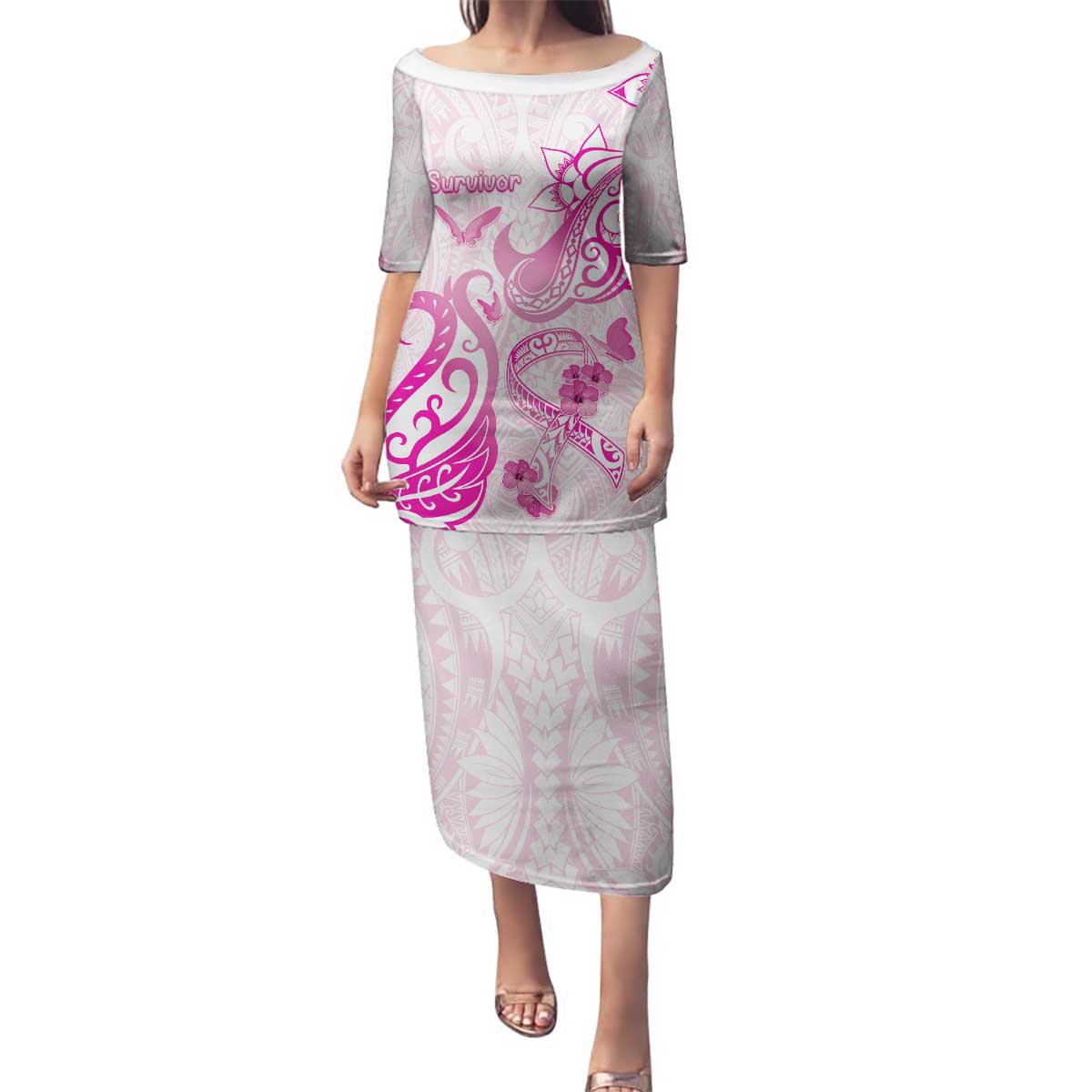 Personalised Breast Cancer Awareness Family Matching Puletasi and Hawaiian Shirt Ribbon Polynesian Pattern White Version