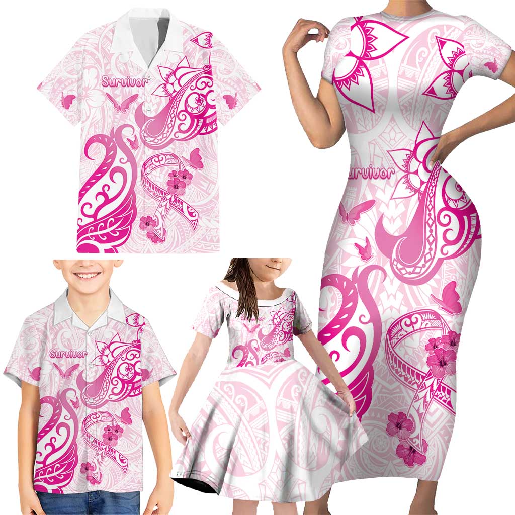 Personalised Breast Cancer Awareness Family Matching Short Sleeve Bodycon Dress and Hawaiian Shirt Ribbon Polynesian Pattern White Version LT05 - Polynesian Pride