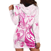 Personalised Breast Cancer Awareness Hoodie Dress Ribbon Polynesian Pattern White Version