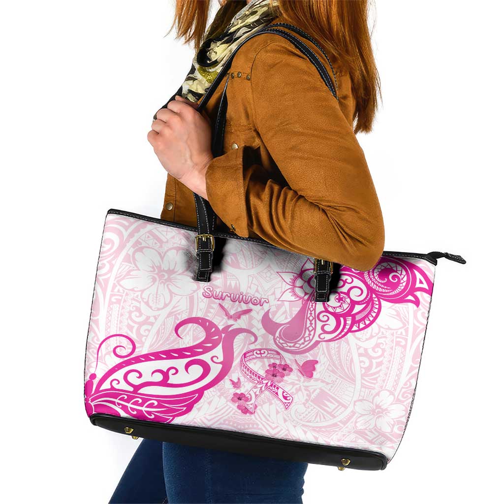 Breast Cancer Awareness Leather Tote Bag Ribbon Polynesian Pattern White Version LT05 White - Polynesian Pride