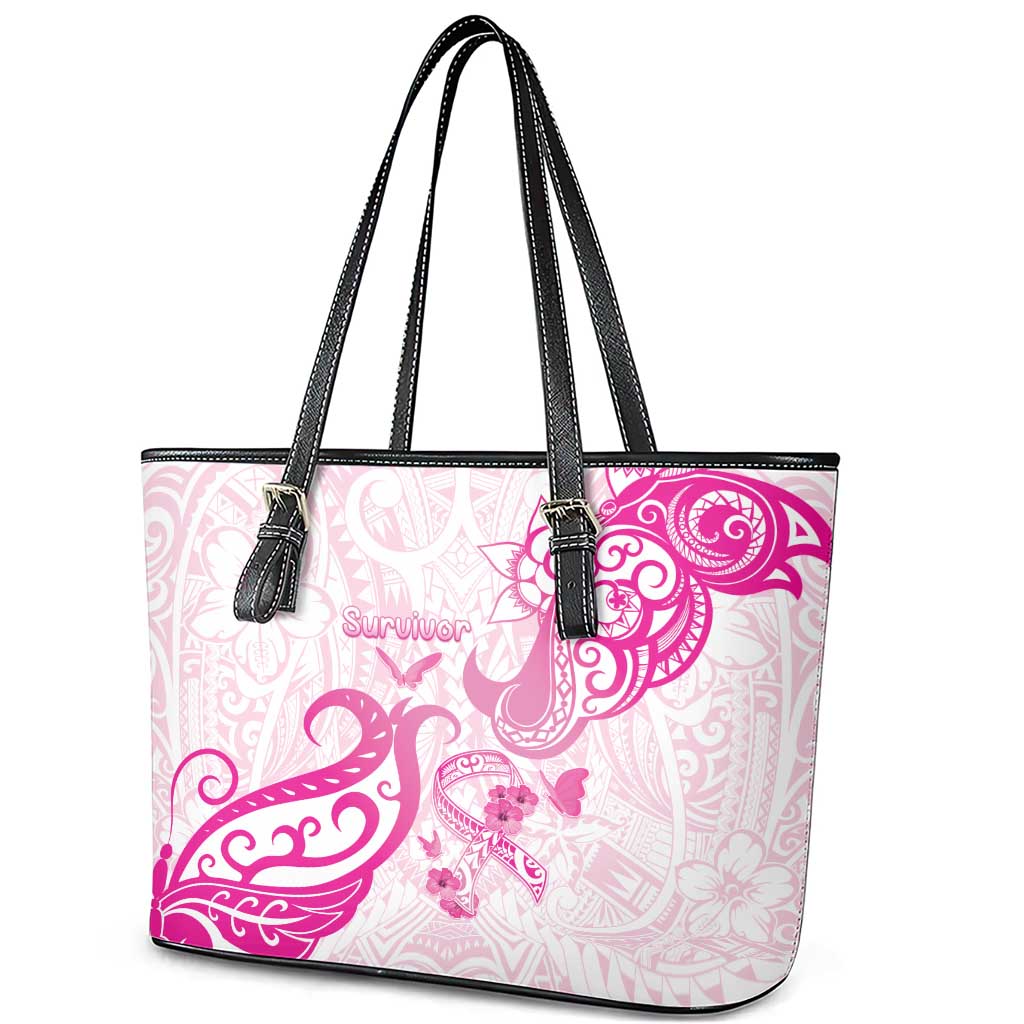 Breast Cancer Awareness Leather Tote Bag Ribbon Polynesian Pattern White Version