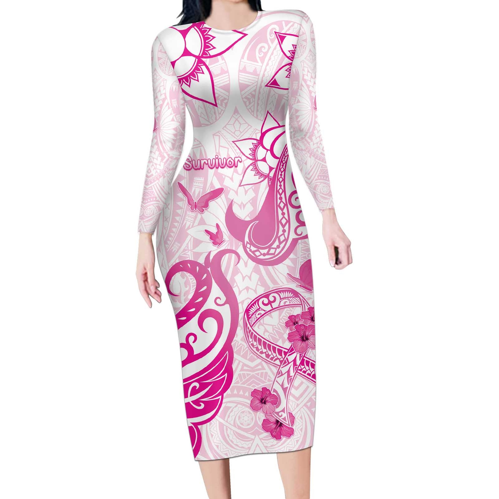 Personalised Breast Cancer Awareness Long Sleeve Bodycon Dress Ribbon Polynesian Pattern White Version LT05 Long Dress White - Polynesian Pride