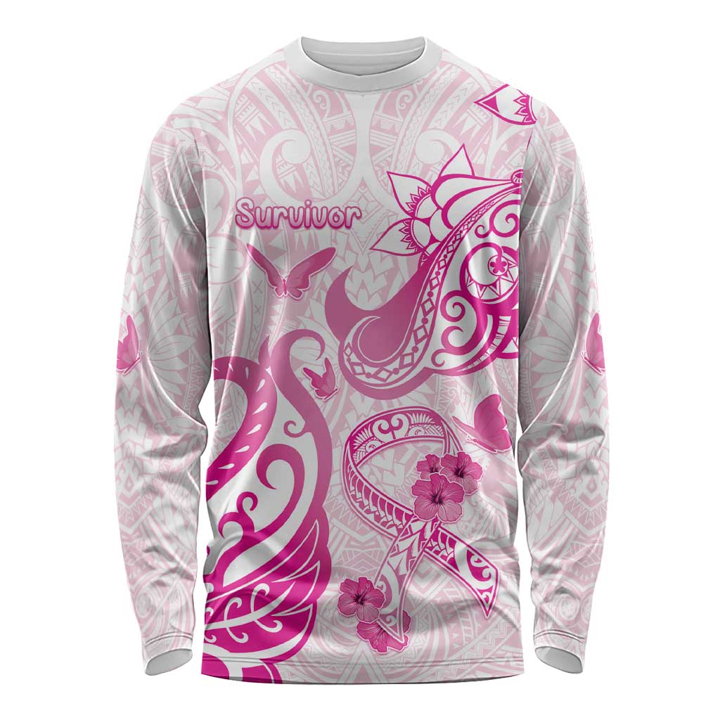 Personalised Breast Cancer Awareness Long Sleeve Shirt Ribbon Polynesian Pattern White Version LT05 Unisex White - Polynesian Pride
