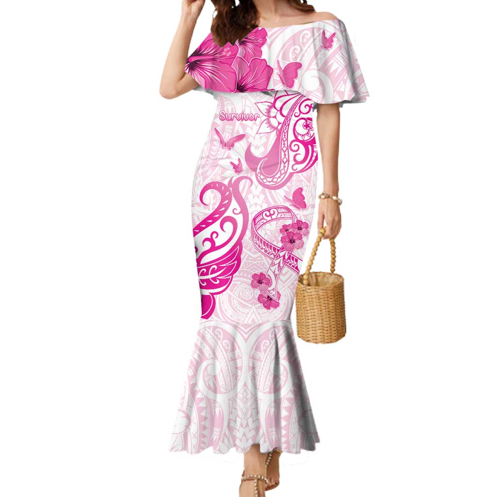 Personalised Breast Cancer Awareness Mermaid Dress Ribbon Polynesian Pattern White Version LT05 Women White - Polynesian Pride
