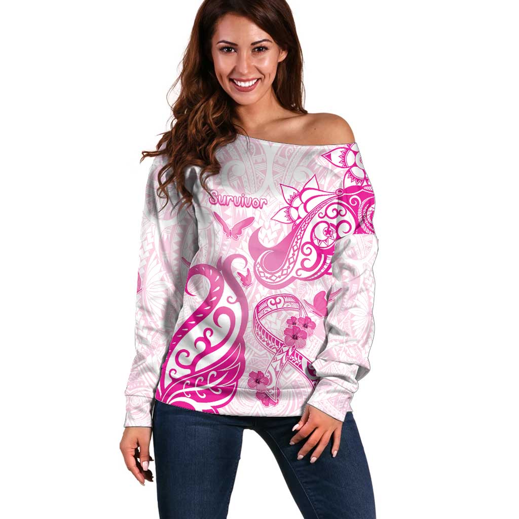 Personalised Breast Cancer Awareness Off Shoulder Sweater Ribbon Polynesian Pattern White Version LT05 Women White - Polynesian Pride