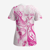 Personalised Breast Cancer Awareness Scrub Top Ribbon Polynesian Pattern White Version - Polynesian Pride