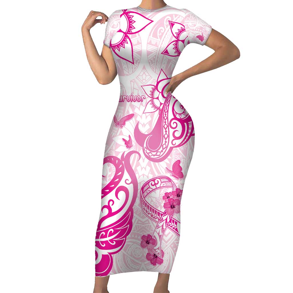 Personalised Breast Cancer Awareness Short Sleeve Bodycon Dress Ribbon Polynesian Pattern White Version LT05 Long Dress White - Polynesian Pride