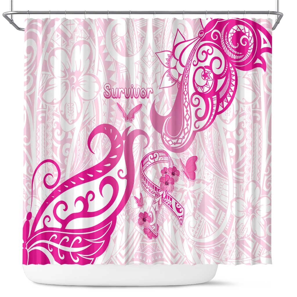 Breast Cancer Awareness Shower Curtain Ribbon Polynesian Pattern White Version LT05 White - Polynesian Pride