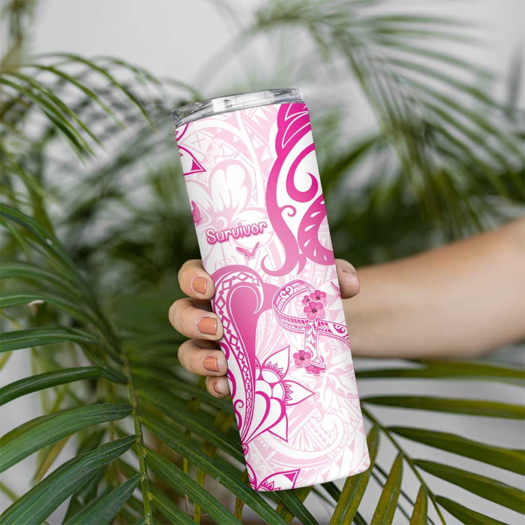 Personalised Breast Cancer Awareness Skinny Tumbler Ribbon Polynesian Pattern White Version