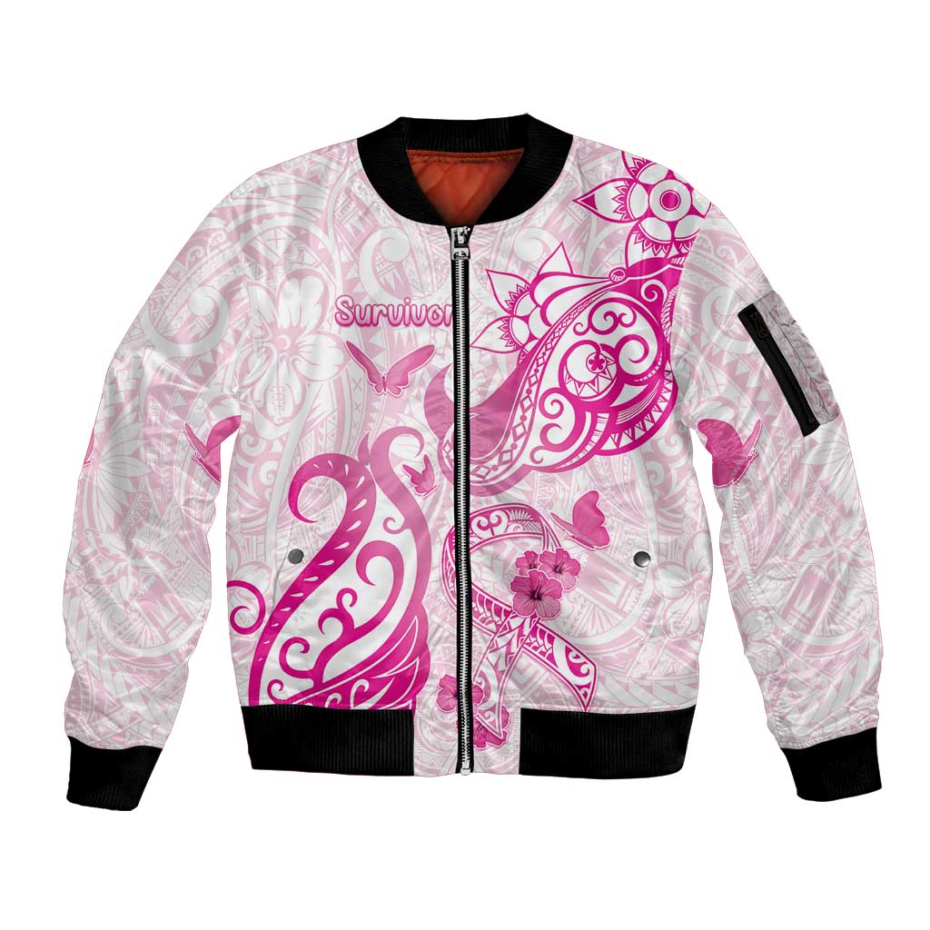 Personalised Breast Cancer Awareness Sleeve Zip Bomber Jacket Ribbon Polynesian Pattern White Version LT05 Unisex White - Polynesian Pride