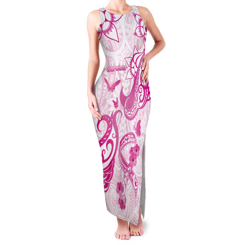 Personalised Breast Cancer Awareness Tank Maxi Dress Ribbon Polynesian Pattern White Version LT05 Women White - Polynesian Pride