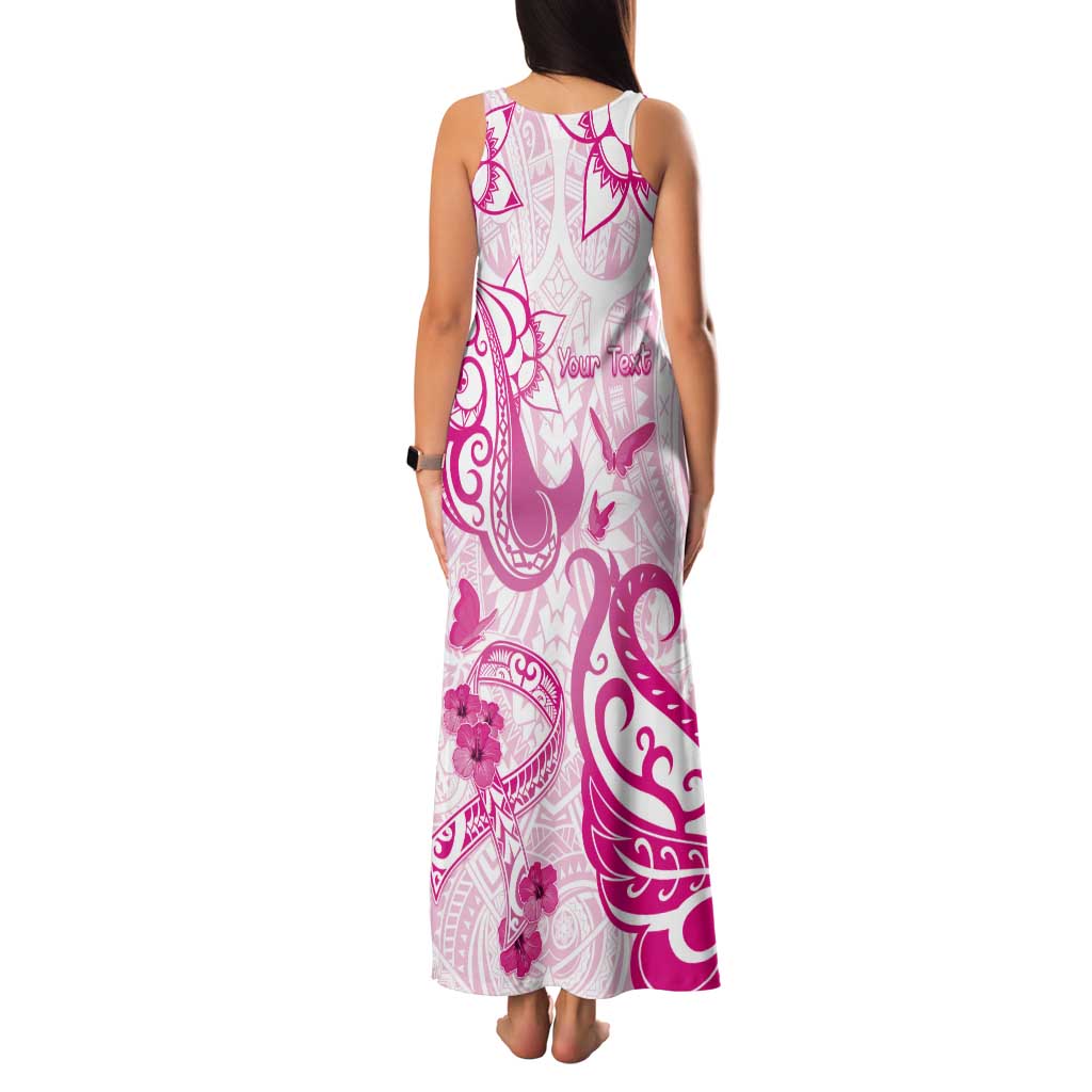 Personalised Breast Cancer Awareness Tank Maxi Dress Ribbon Polynesian Pattern White Version