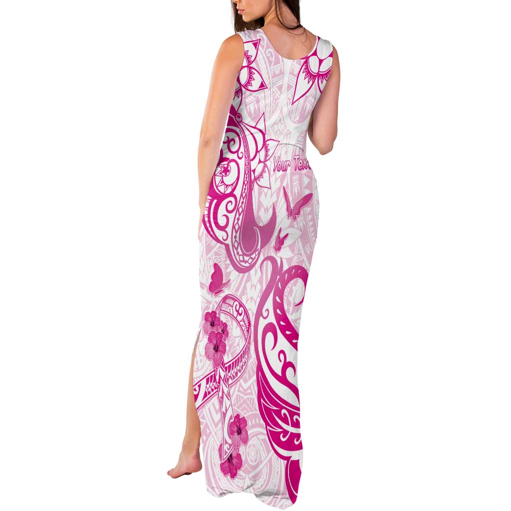 Personalised Breast Cancer Awareness Tank Maxi Dress Ribbon Polynesian Pattern White Version