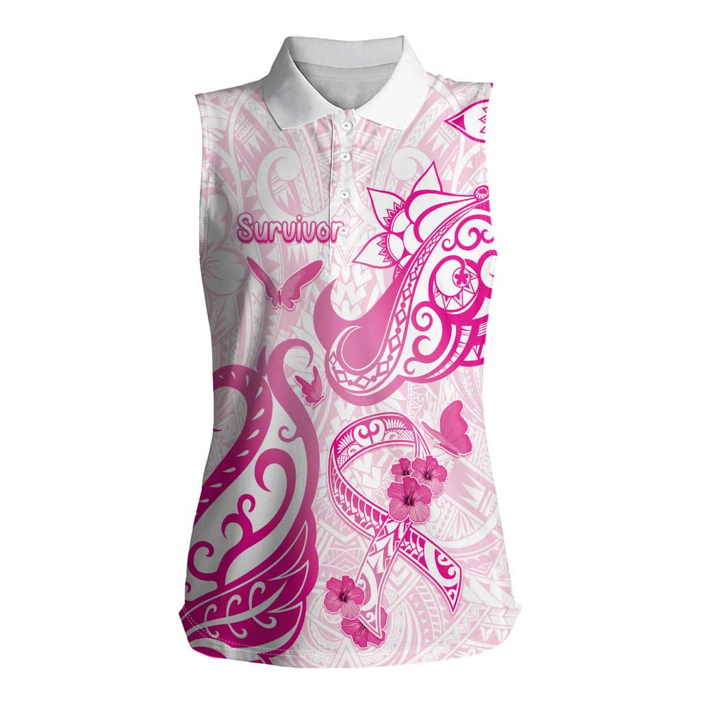 Personalised Breast Cancer Awareness Women Sleeveless Polo Shirt Ribbon Polynesian Pattern White Version LT05 Female White - Polynesian Pride