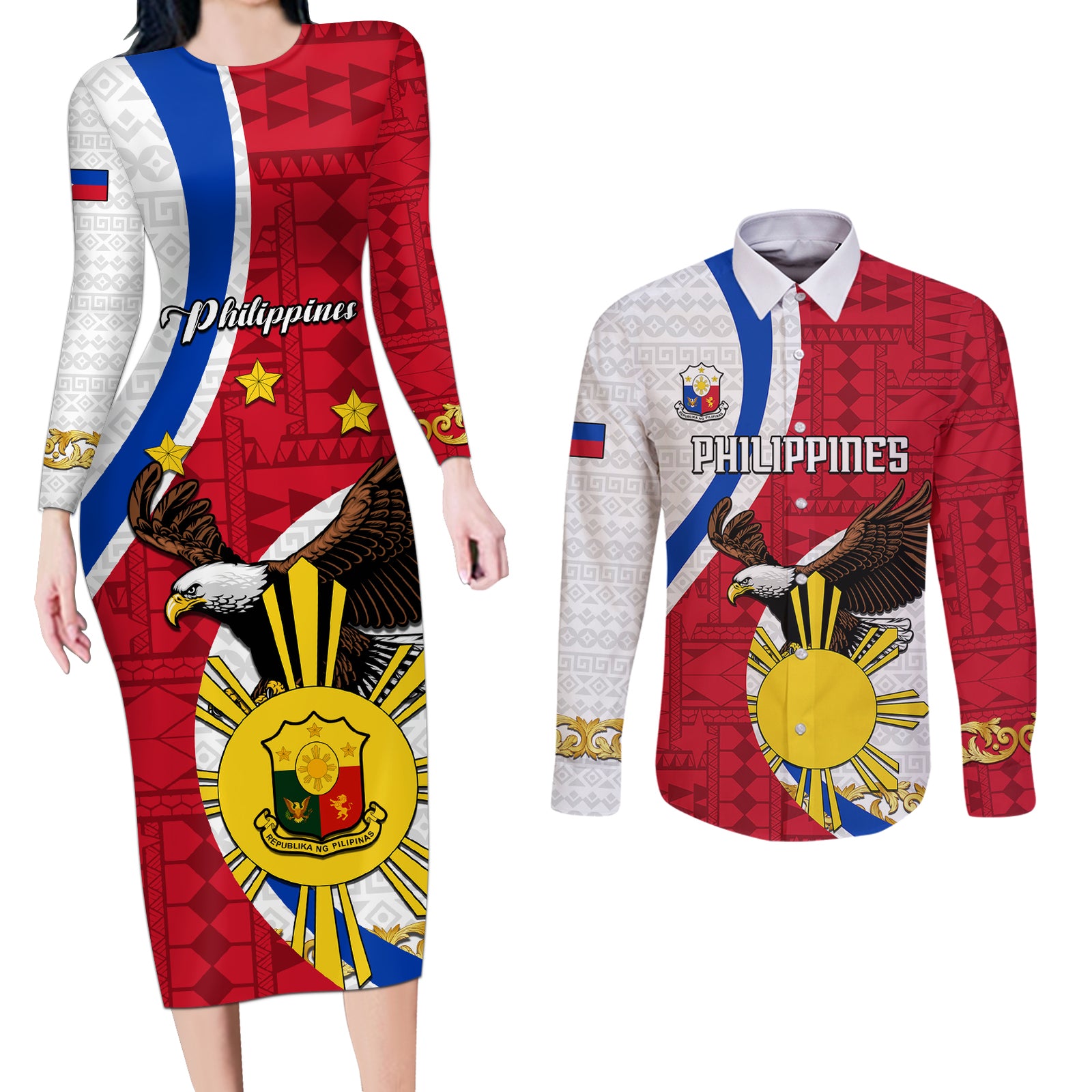 Personalized Philippines Couples Matching Long Sleeve Bodycon Dress and Long Sleeve Button Shirts The Eight-Rayed Sun Bald Eagle Polynesian Pattern LT05 Red - Polynesian Pride