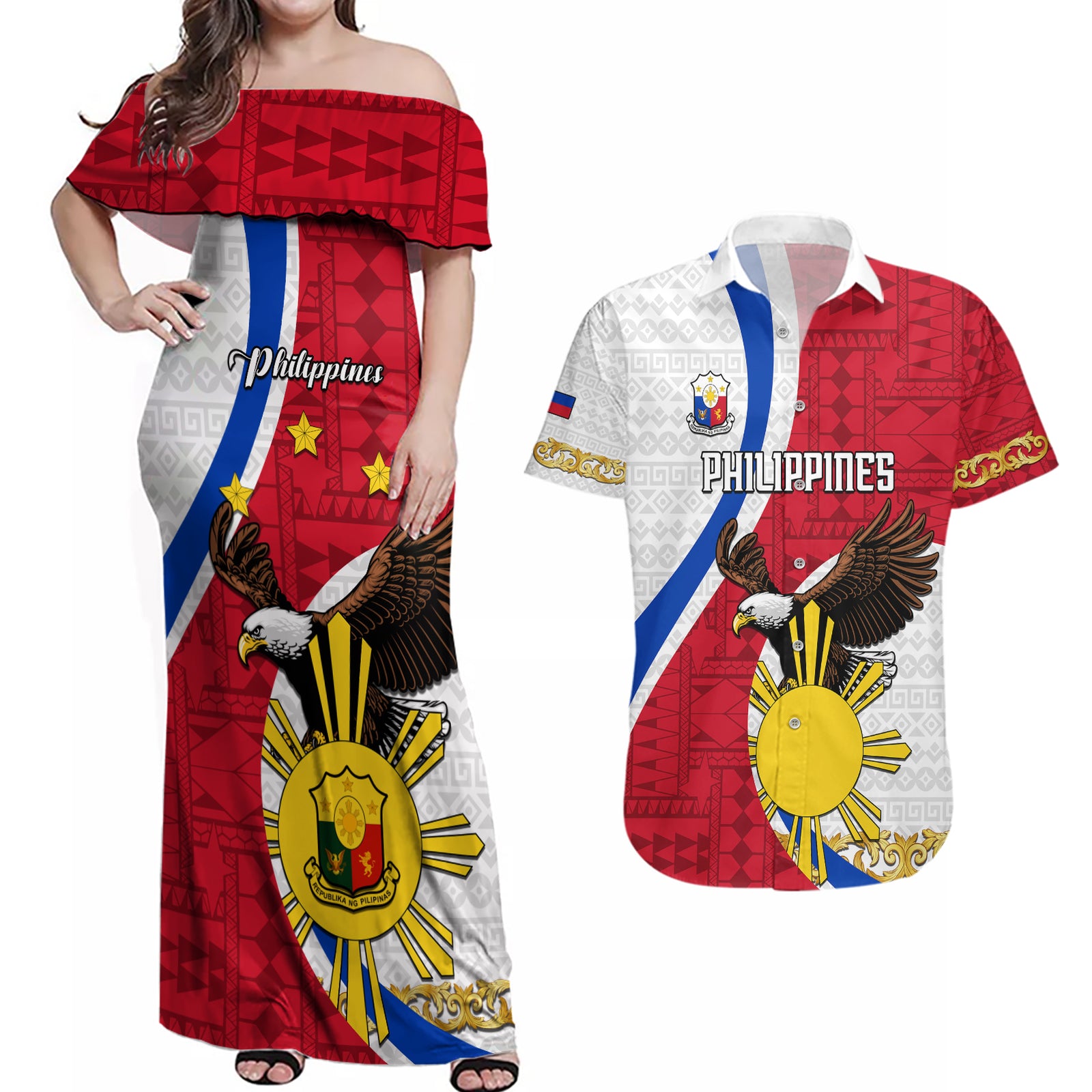 Personalized Philippines Couples Matching Off Shoulder Maxi Dress and Hawaiian Shirt The Eight-Rayed Sun Bald Eagle Polynesian Pattern LT05 Red - Polynesian Pride