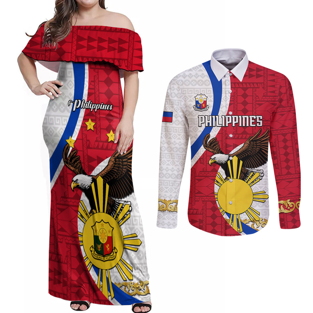 Personalized Philippines Couples Matching Off Shoulder Maxi Dress and Long Sleeve Button Shirts The Eight-Rayed Sun Bald Eagle Polynesian Pattern LT05 Red - Polynesian Pride