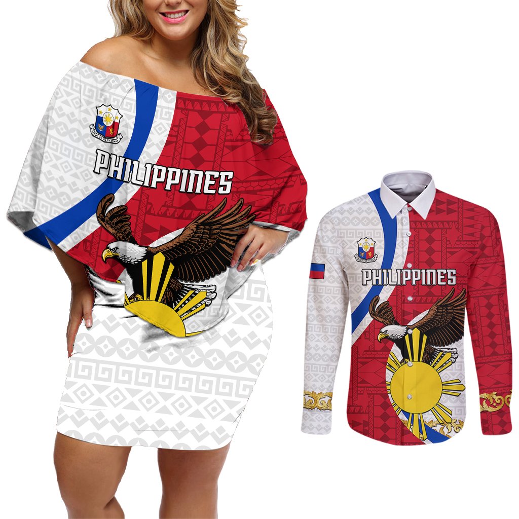 Personalized Philippines Couples Matching Off Shoulder Short Dress and Long Sleeve Button Shirts The Eight-Rayed Sun Bald Eagle Polynesian Pattern LT05 Red - Polynesian Pride