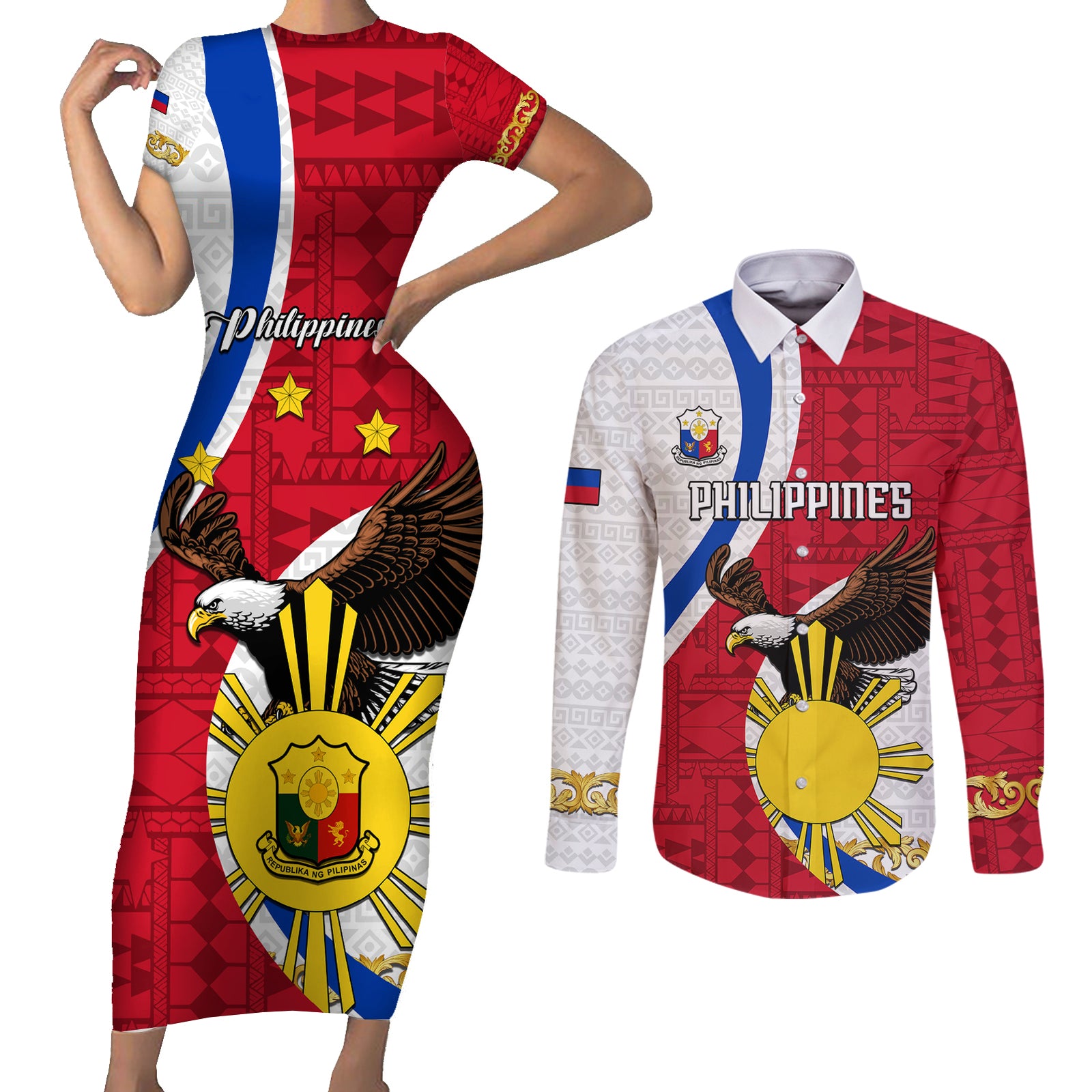Personalized Philippines Couples Matching Short Sleeve Bodycon Dress and Long Sleeve Button Shirts The Eight-Rayed Sun Bald Eagle Polynesian Pattern LT05 Red - Polynesian Pride