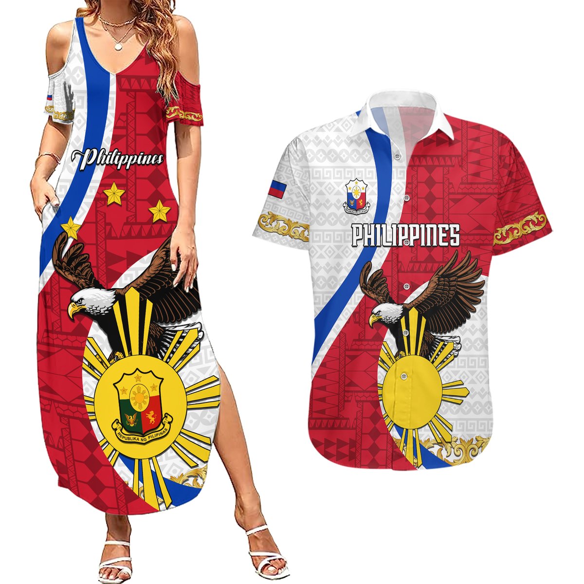 Personalized Philippines Couples Matching Summer Maxi Dress and Hawaiian Shirt The Eight-Rayed Sun Bald Eagle Polynesian Pattern LT05 Red - Polynesian Pride