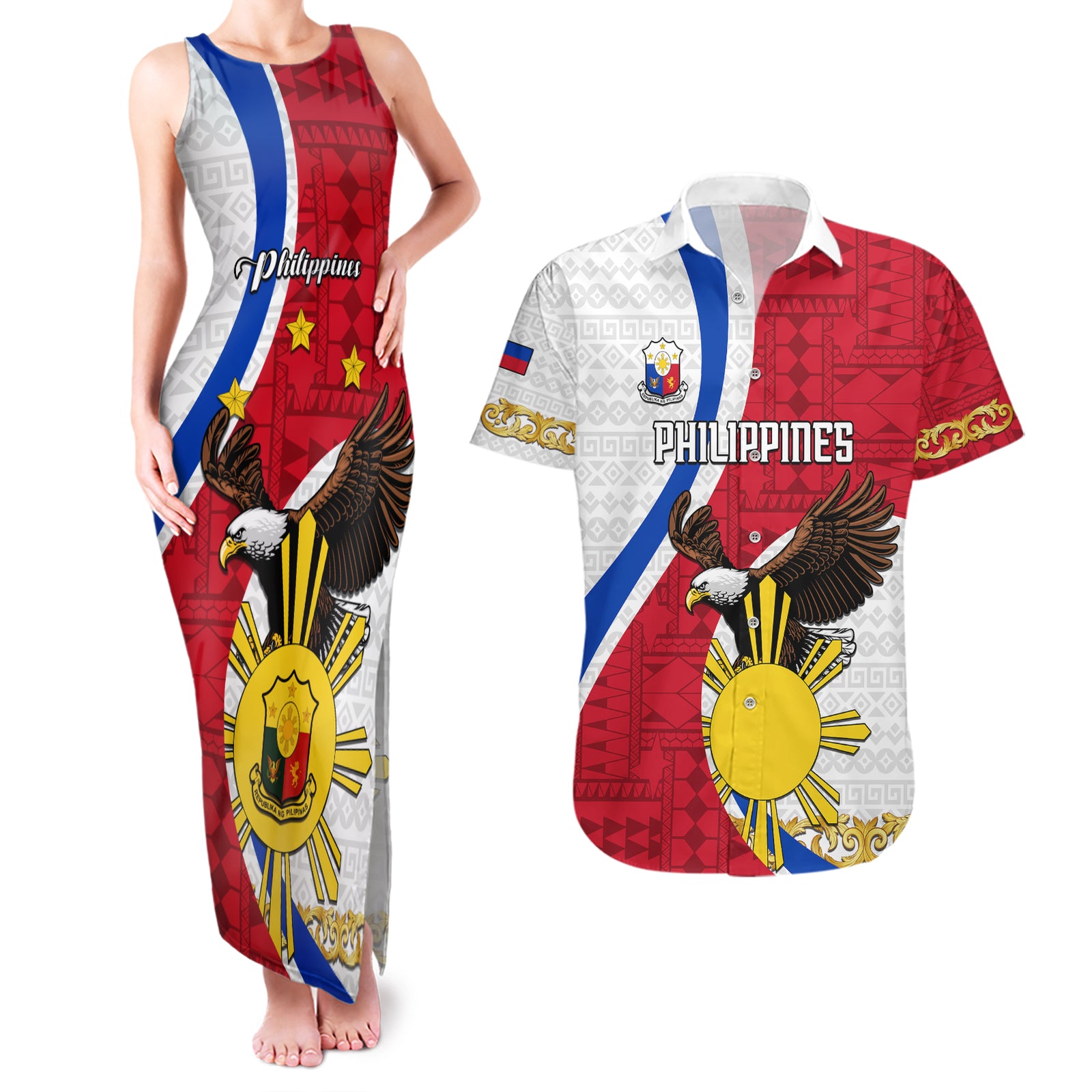 Personalized Philippines Couples Matching Tank Maxi Dress and Hawaiian Shirt The Eight-Rayed Sun Bald Eagle Polynesian Pattern LT05 Red - Polynesian Pride
