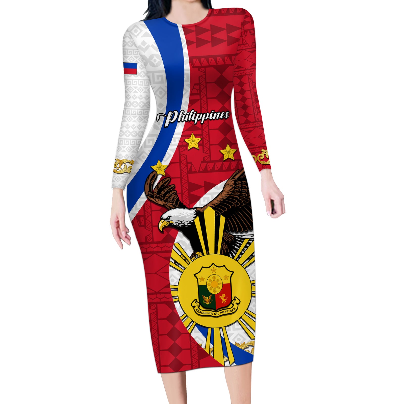 Personalized Philippines Long Sleeve Bodycon Dress The Eight-Rayed Sun Bald Eagle Polynesian Pattern LT05 Long Dress Red - Polynesian Pride