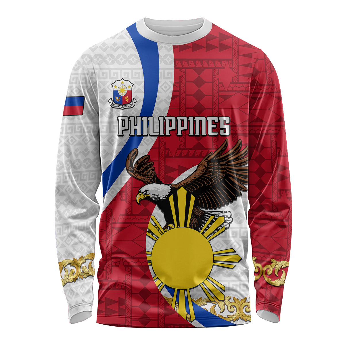 Personalized Philippines Long Sleeve Shirt The Eight-Rayed Sun Bald Eagle Polynesian Pattern LT05 Unisex Red - Polynesian Pride