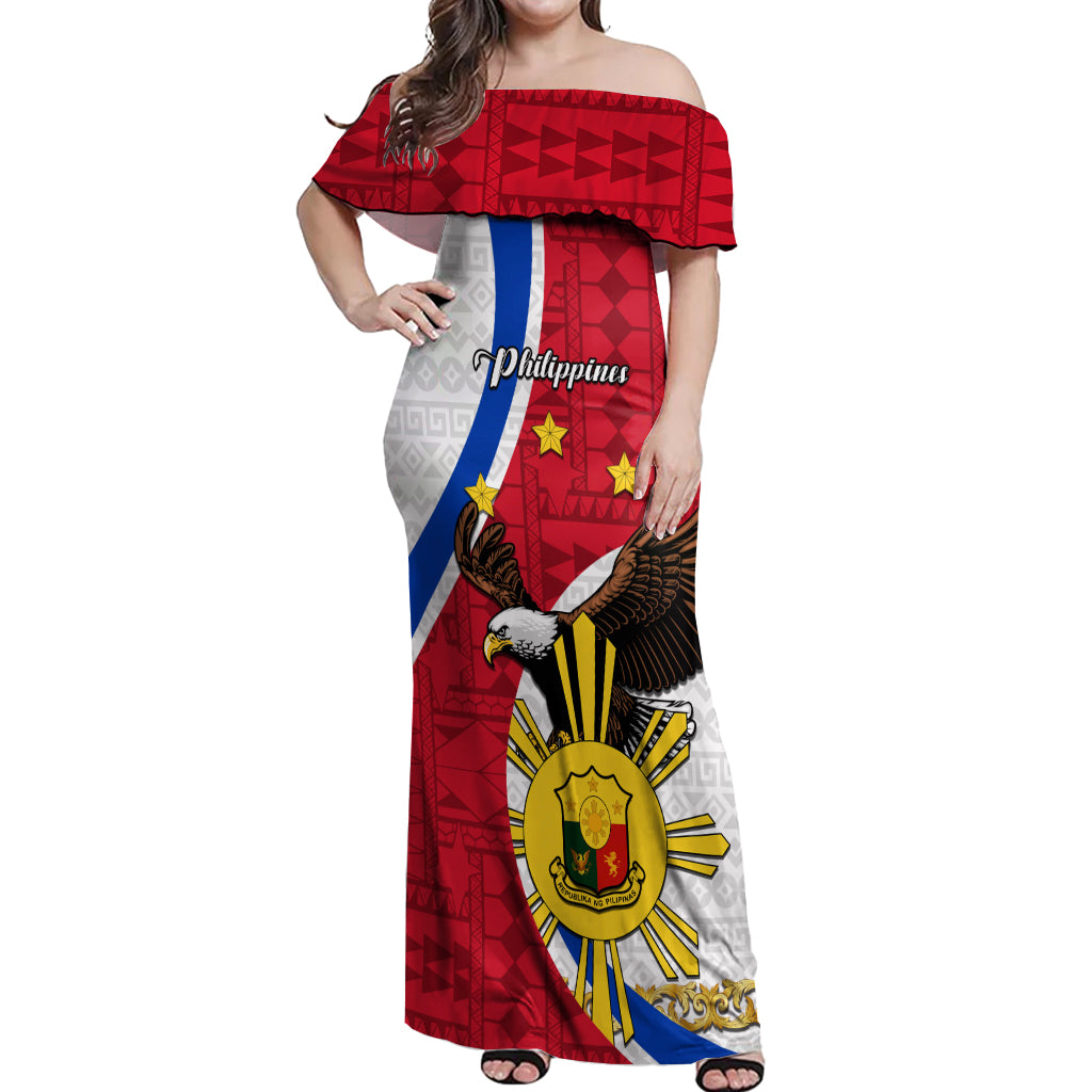 Personalized Philippines Off Shoulder Maxi Dress The Eight-Rayed Sun Bald Eagle Polynesian Pattern LT05 Women Red - Polynesian Pride