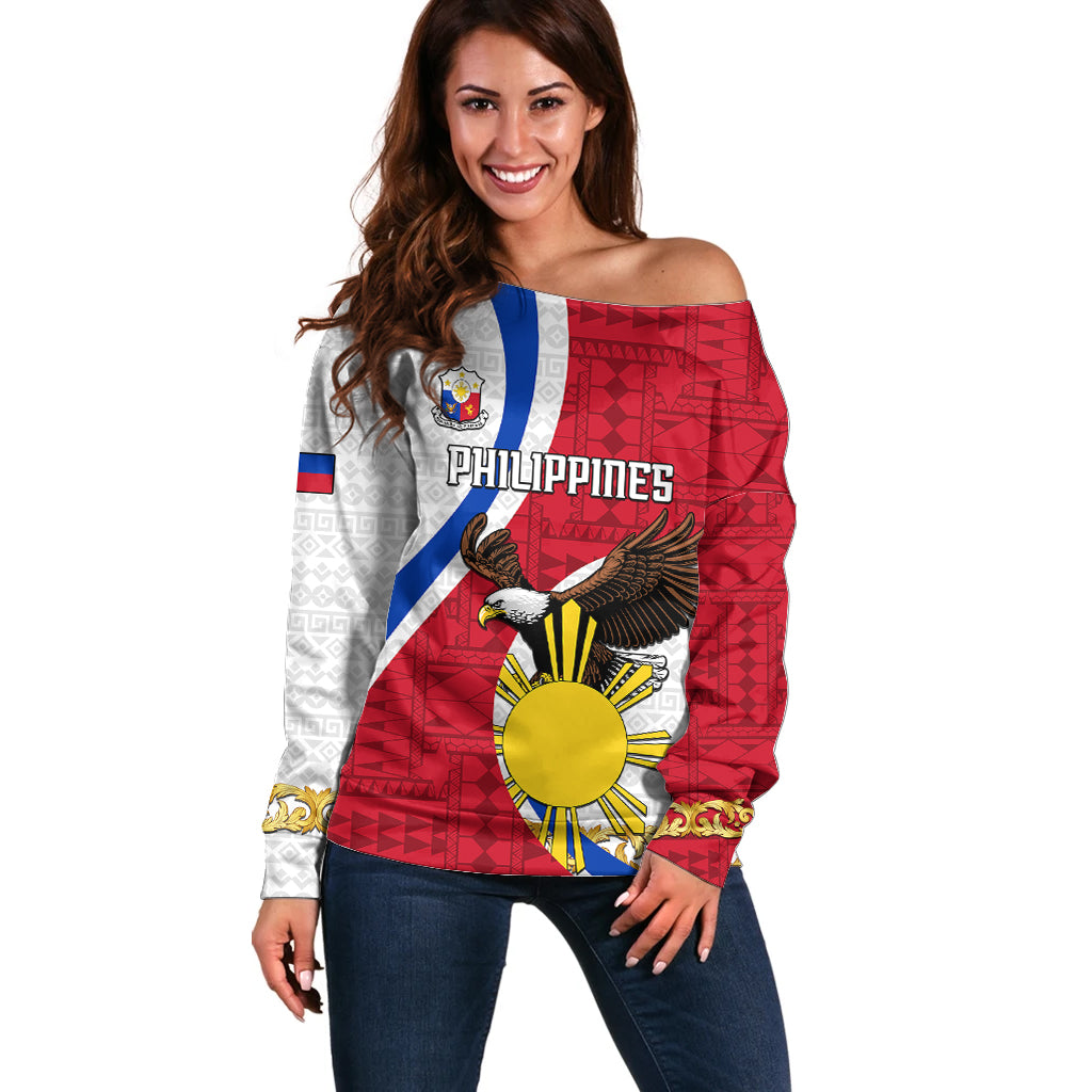 Personalized Philippines Off Shoulder Sweater The Eight-Rayed Sun Bald Eagle Polynesian Pattern LT05 Women Red - Polynesian Pride