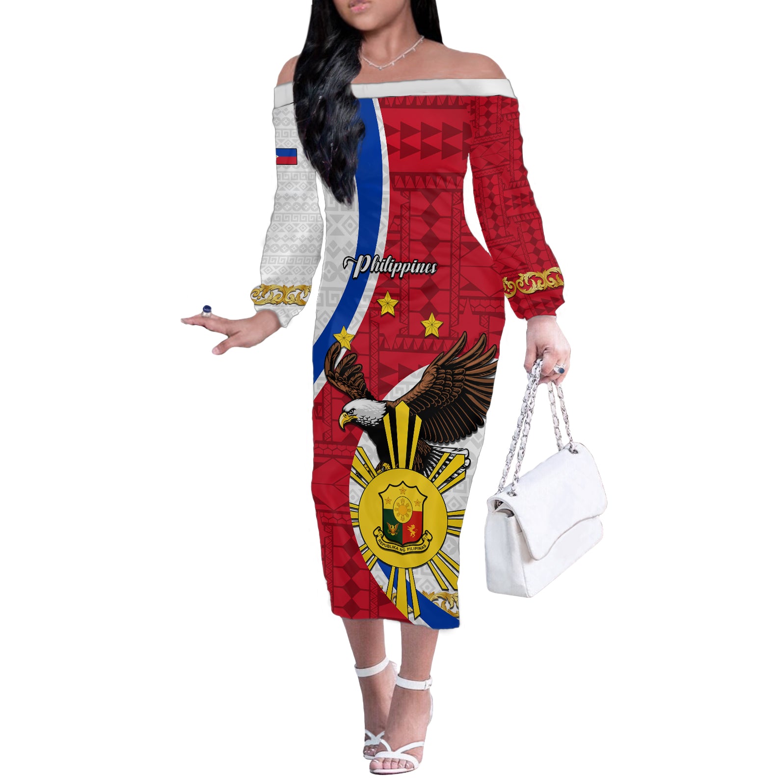 Personalized Philippines Off The Shoulder Long Sleeve Dress The Eight-Rayed Sun Bald Eagle Polynesian Pattern LT05 Women Red - Polynesian Pride