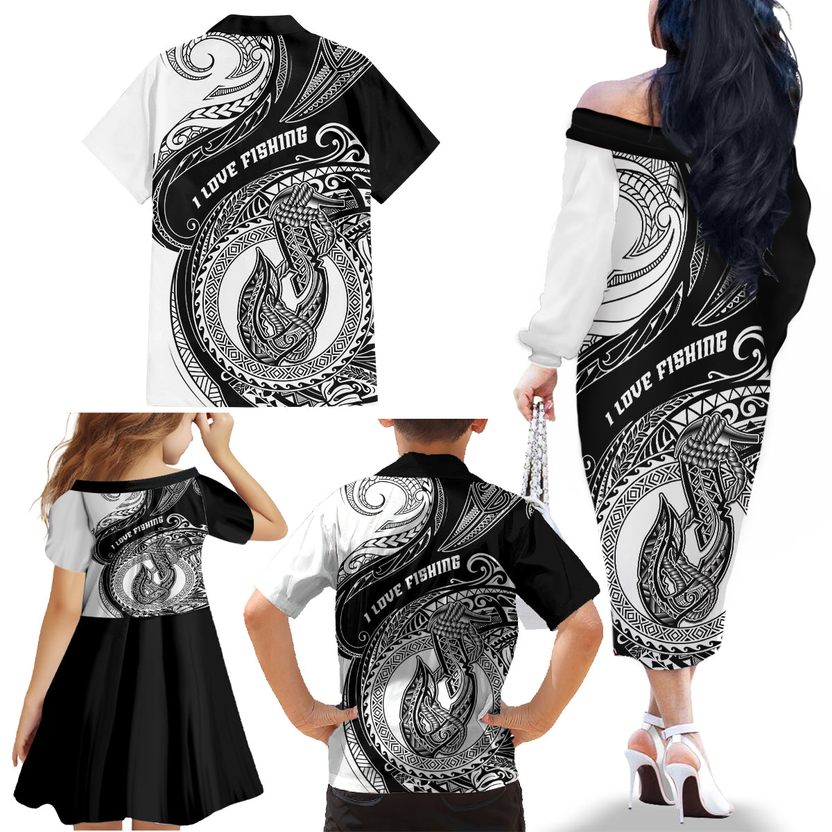 go-fishing-family-matching-off-shoulder-long-sleeve-dress-and-hawaiian-shirt-polynesian-pattern