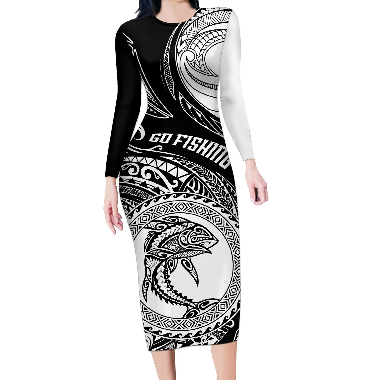 Go Fishing Long Sleeve Bodycon Dress Polynesian Pattern LT05 Long Dress Black - Polynesian Pride