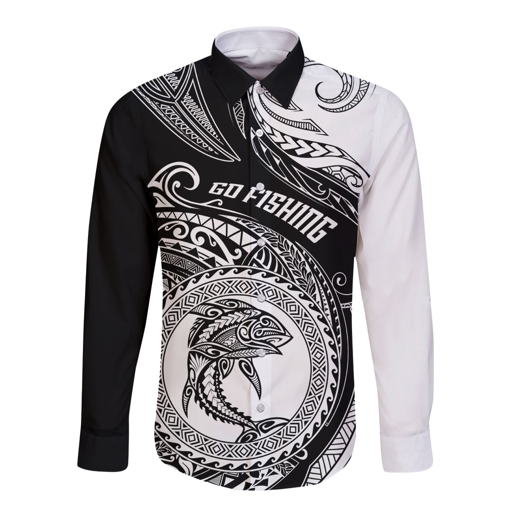 Go Fishing Long Sleeve Button Shirt Polynesian Pattern LT05 Unisex Black - Polynesian Pride