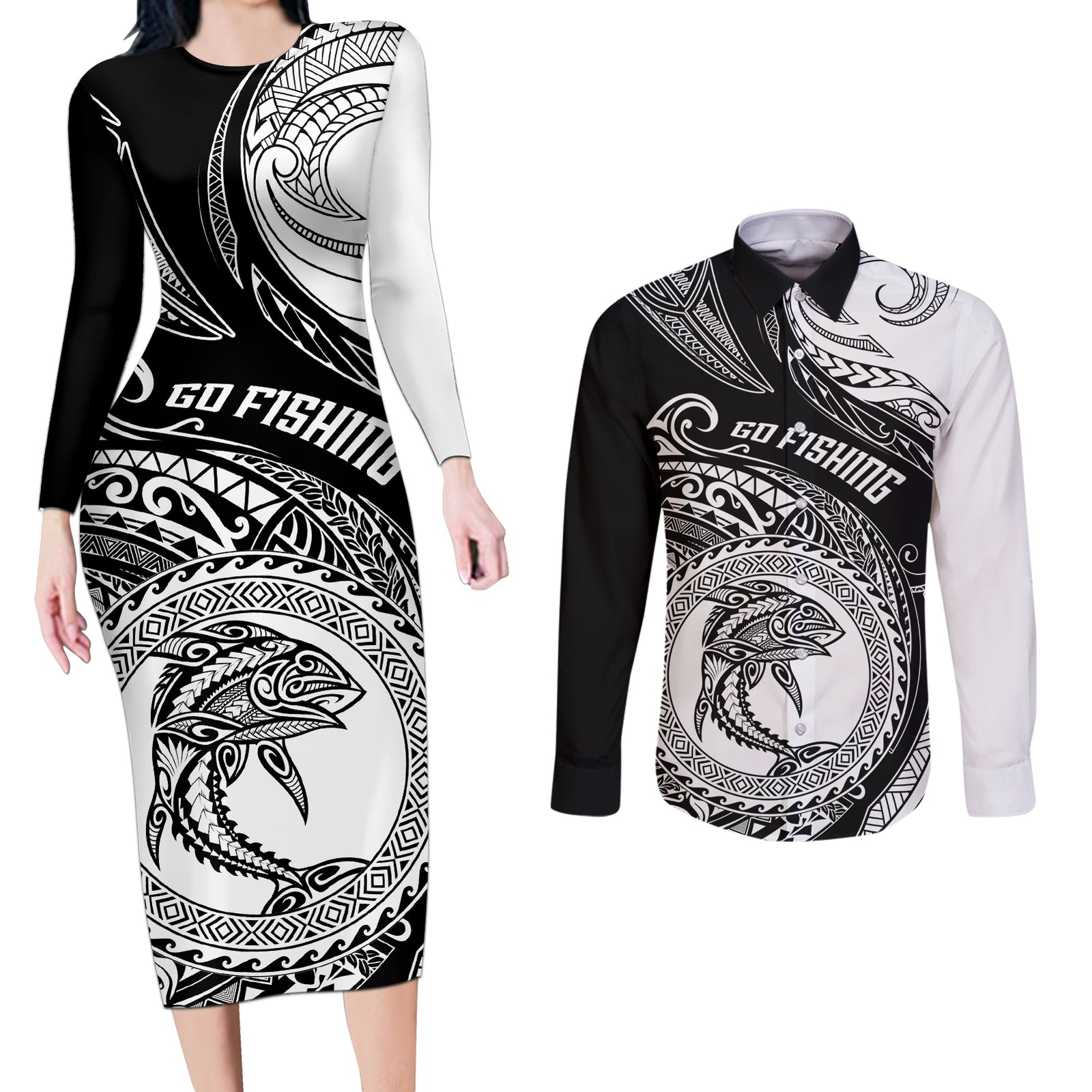 personalized-go-fishing-couples-matching-long-sleeve-bodycon-dress-and-long-sleeve-button-shirts-polynesian-pattern