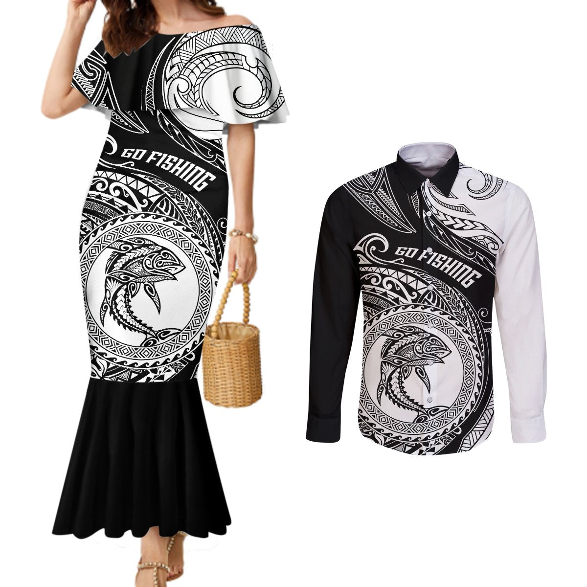personalized-go-fishing-couples-matching-mermaid-dress-and-long-sleeve-button-shirts-polynesian-pattern