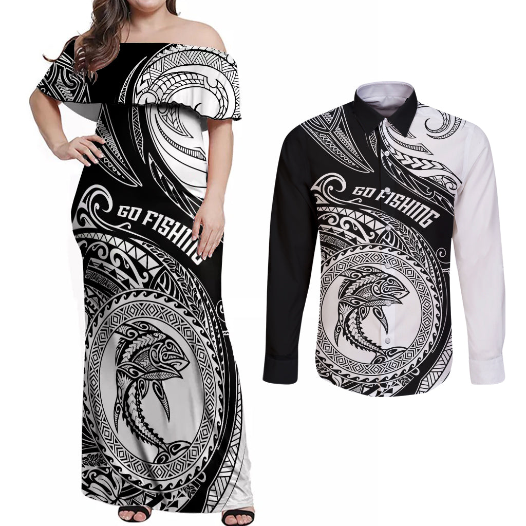 personalized-go-fishing-couples-matching-off-shoulder-maxi-dress-and-long-sleeve-button-shirts-polynesian-pattern