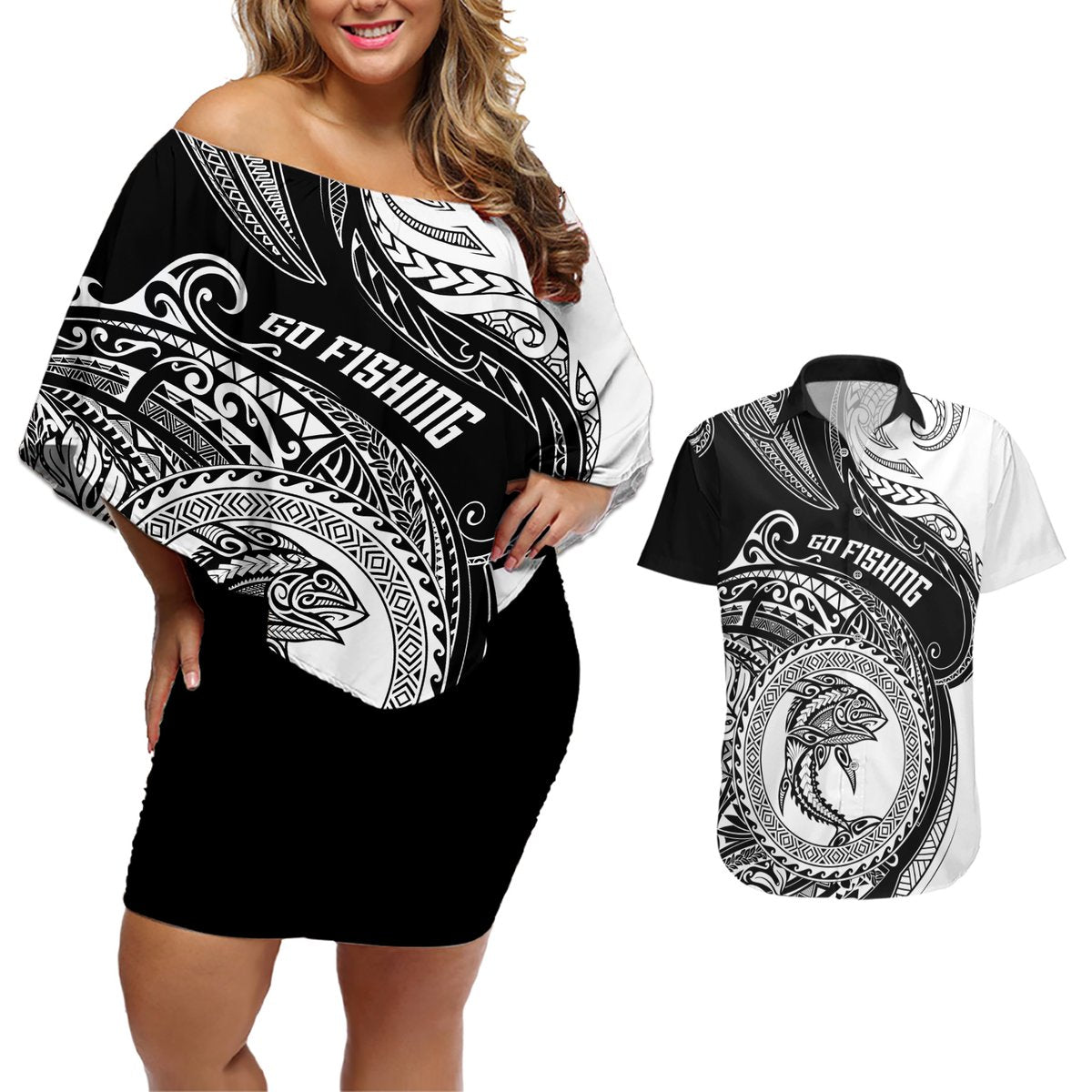 personalized-go-fishing-couples-matching-off-shoulder-short-dress-and-hawaiian-shirt-polynesian-pattern