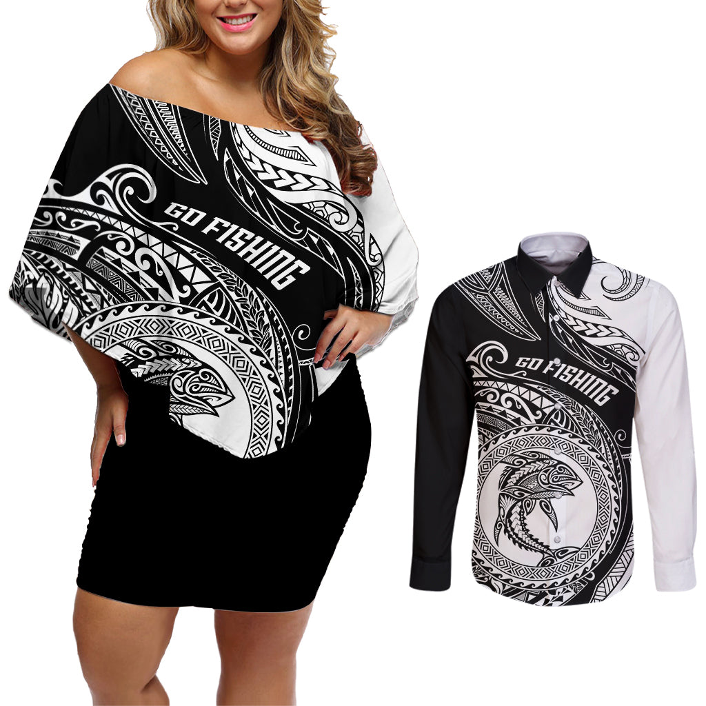 personalized-go-fishing-couples-matching-off-shoulder-short-dress-and-long-sleeve-button-shirts-polynesian-pattern