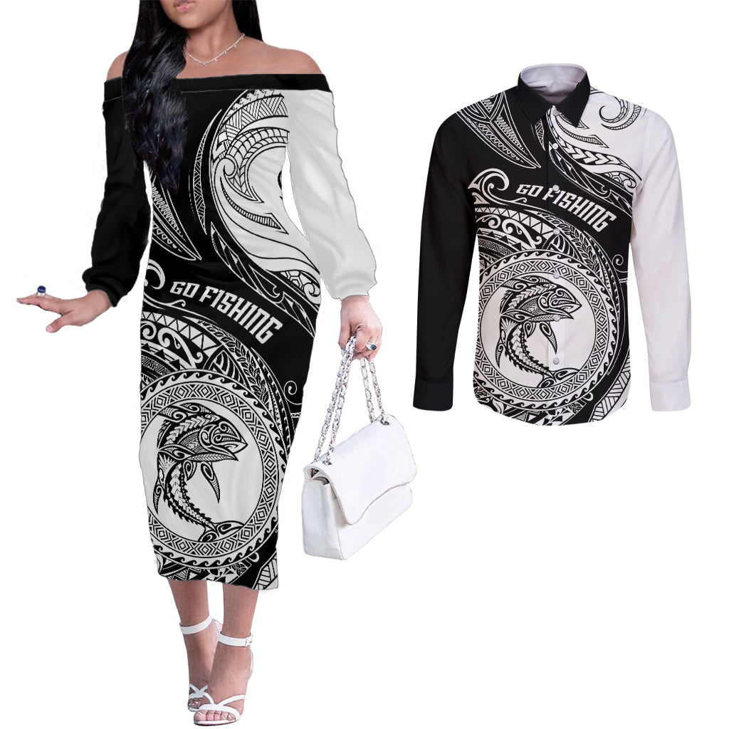 personalized-go-fishing-couples-matching-off-the-shoulder-long-sleeve-dress-and-long-sleeve-button-shirts-polynesian-pattern