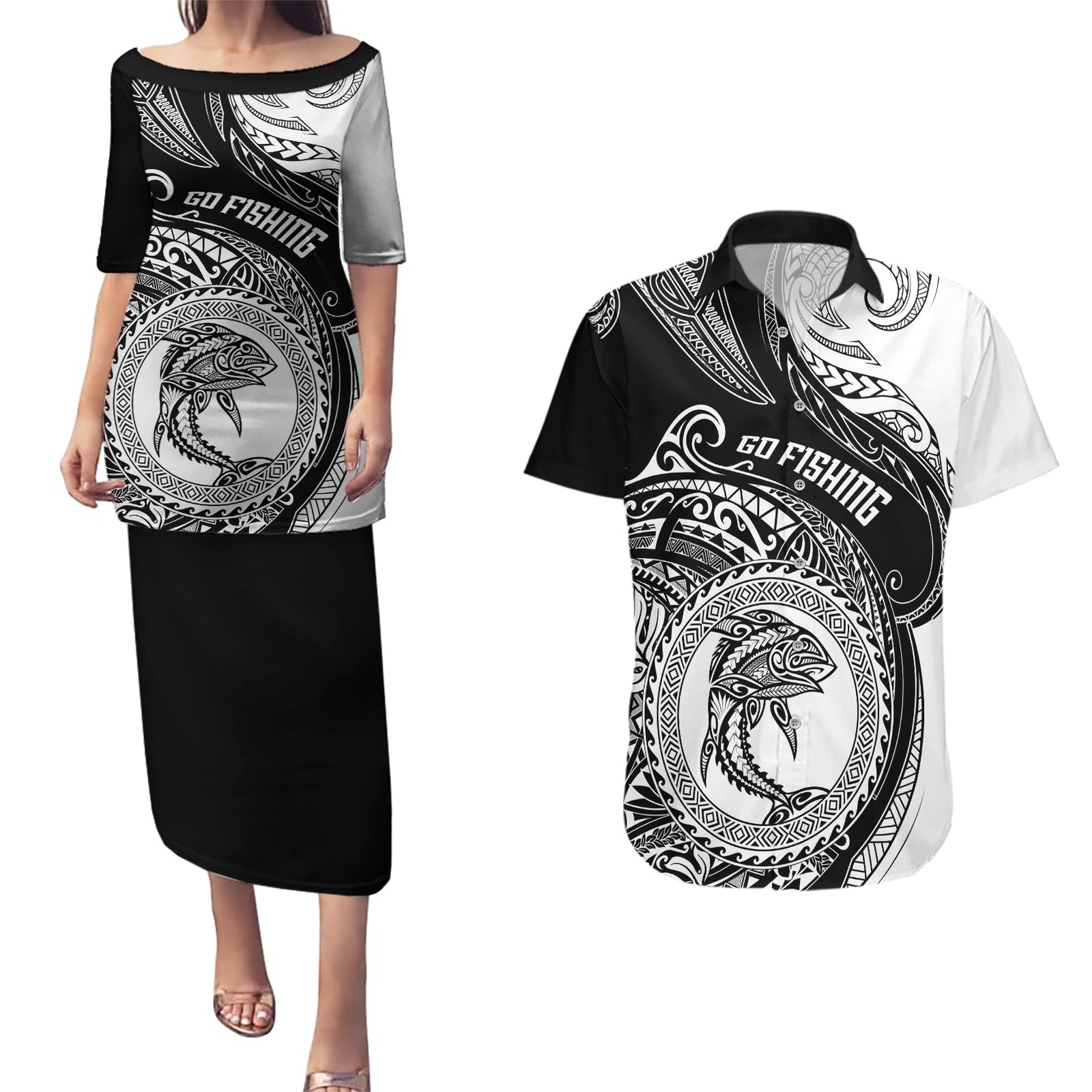 personalized-go-fishing-couples-matching-puletasi-dress-and-hawaiian-shirt-polynesian-pattern