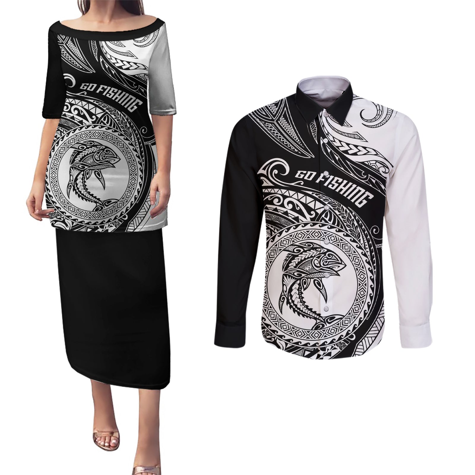 personalized-go-fishing-couples-matching-puletasi-dress-and-long-sleeve-button-shirts-polynesian-pattern