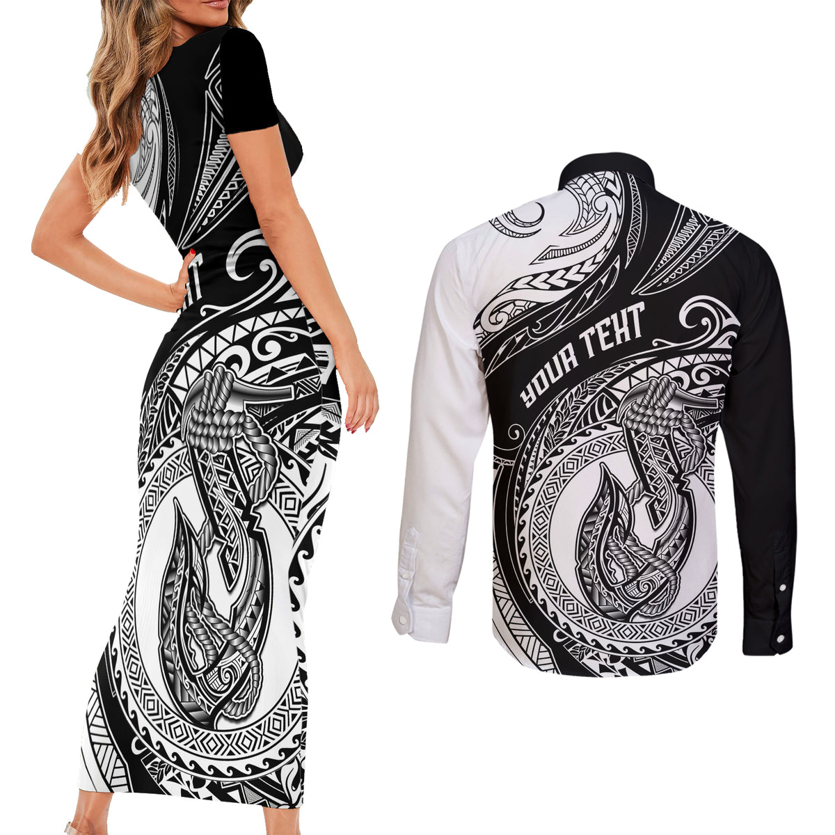 personalized-go-fishing-couples-matching-short-sleeve-bodycon-dress-and-long-sleeve-button-shirts-polynesian-pattern