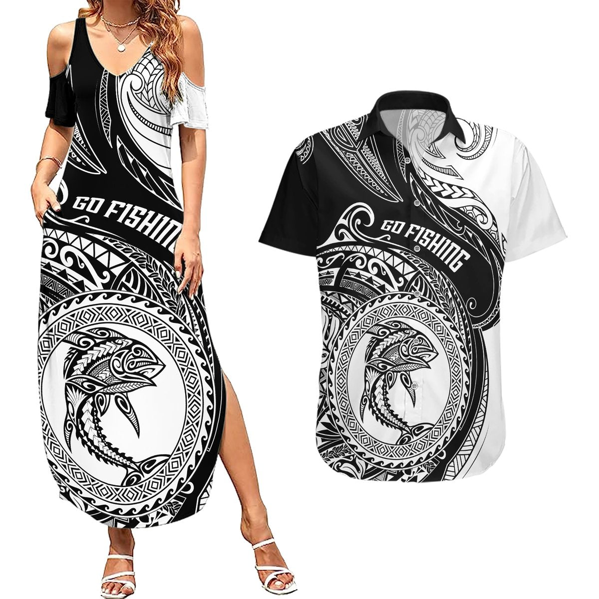personalized-go-fishing-couples-matching-summer-maxi-dress-and-hawaiian-shirt-polynesian-pattern