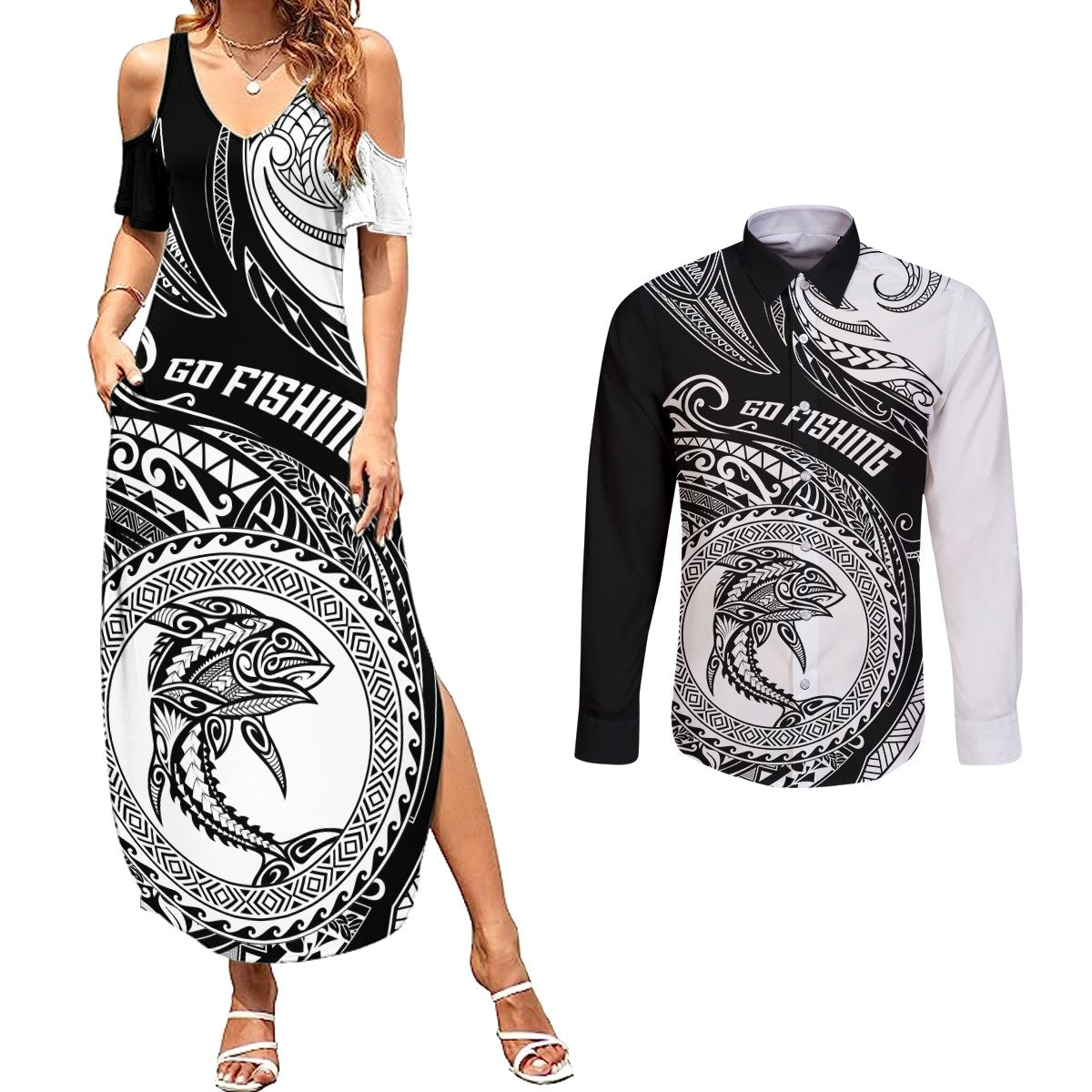 personalized-go-fishing-couples-matching-summer-maxi-dress-and-long-sleeve-button-shirts-polynesian-pattern