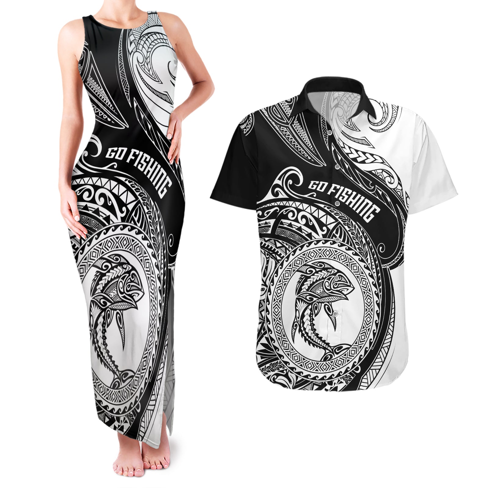 personalized-go-fishing-couples-matching-tank-maxi-dress-and-hawaiian-shirt-polynesian-pattern