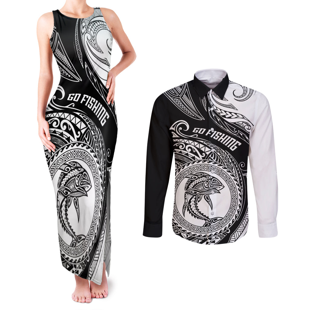 personalized-go-fishing-couples-matching-tank-maxi-dress-and-long-sleeve-button-shirts-polynesian-pattern