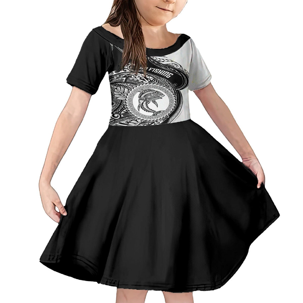 Personalized Go Fishing Family Matching Off Shoulder Short Dress and Hawaiian Shirt Polynesian Pattern LT05 Daughter's Dress Black - Polynesian Pride