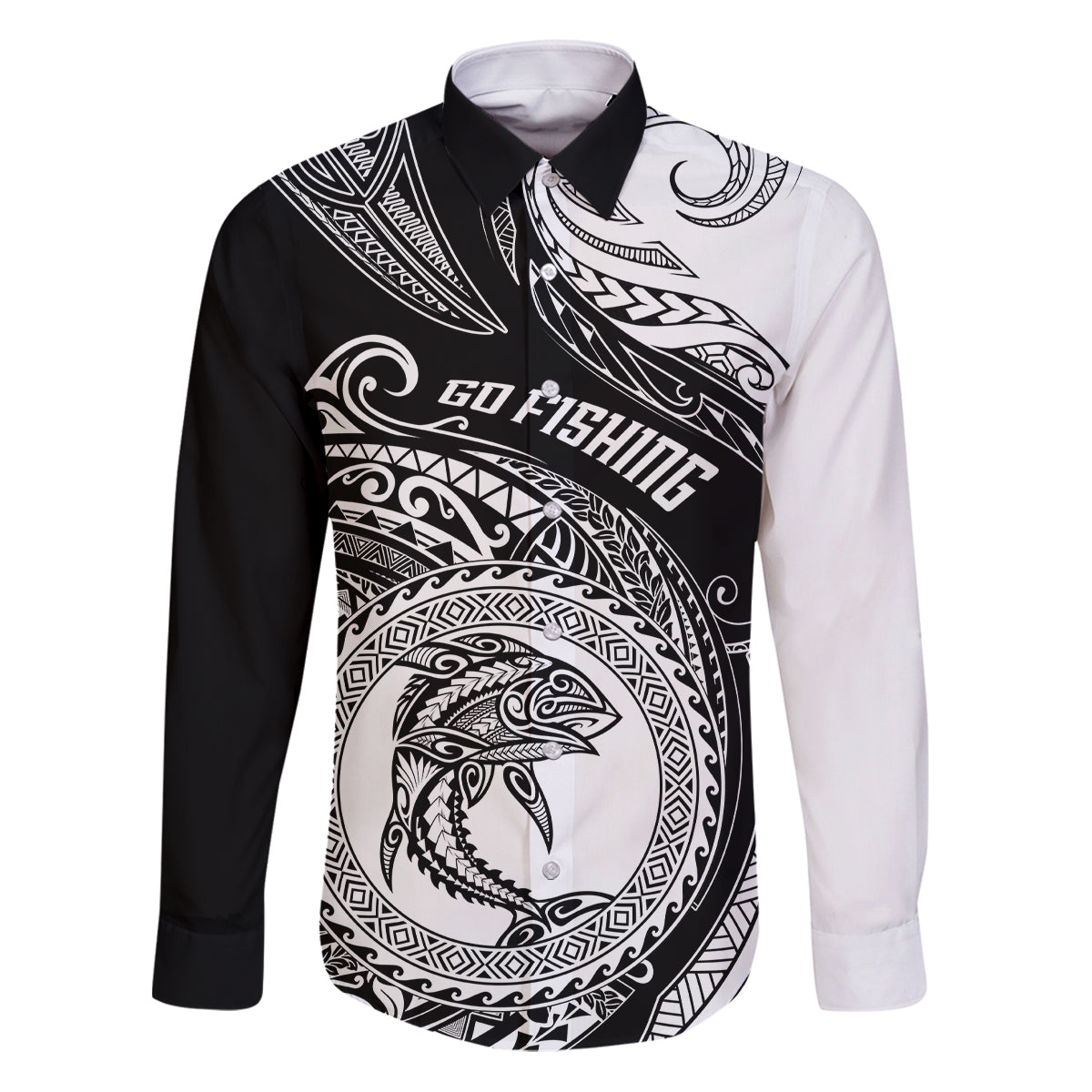 Personalized Go Fishing Family Matching Puletasi Dress and Hawaiian Shirt Polynesian Pattern LT05 Dad's Shirt - Long Sleeve Black - Polynesian Pride
