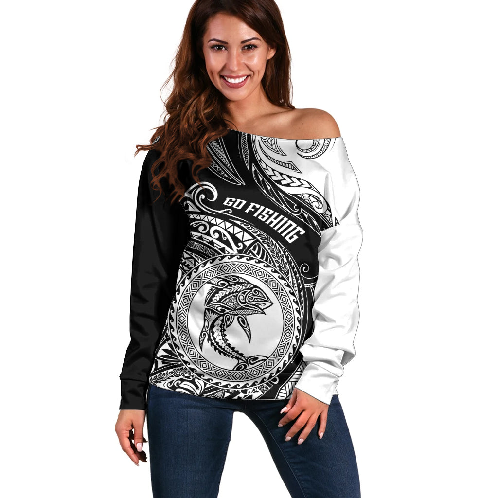 Personalized Go Fishing Off Shoulder Sweater Polynesian Pattern LT05 Women Black - Polynesian Pride